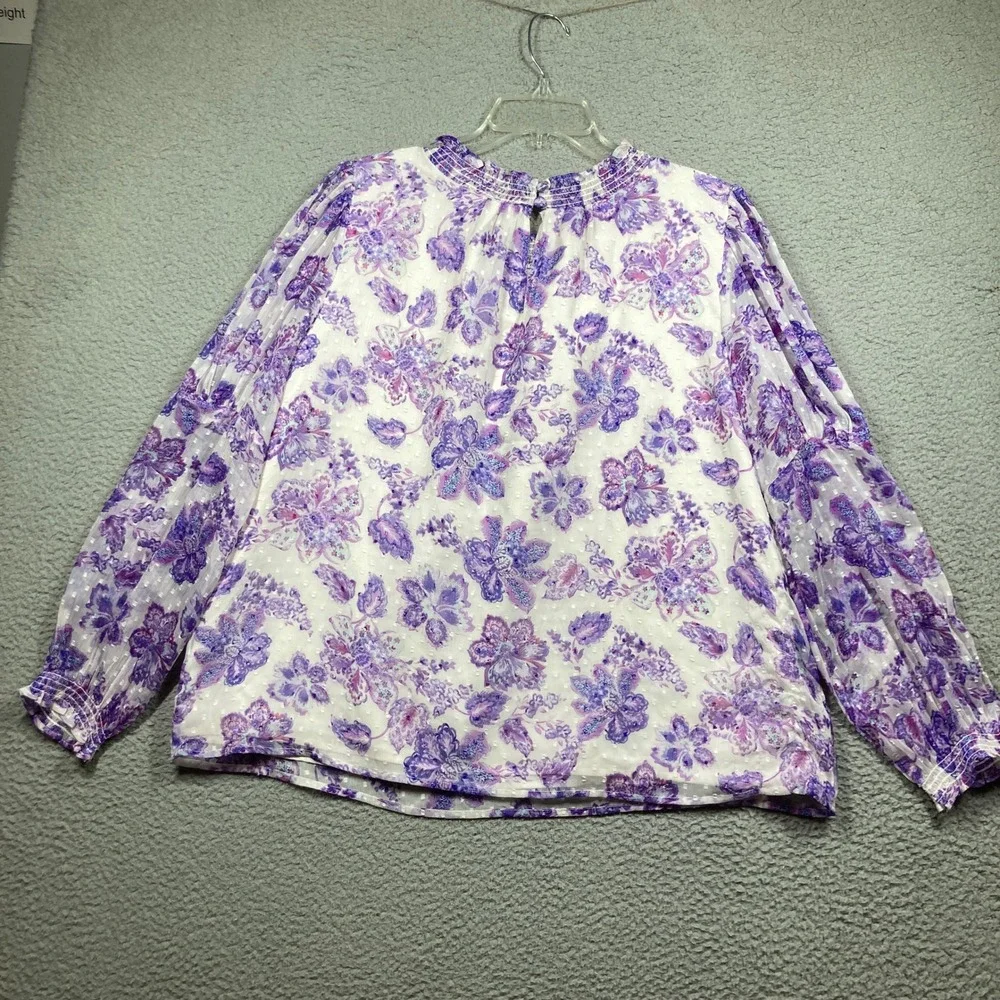 LOFT Blouse Women XL White Purple Floral Smocked Mock Neck Clip Dot Puff Sleeve